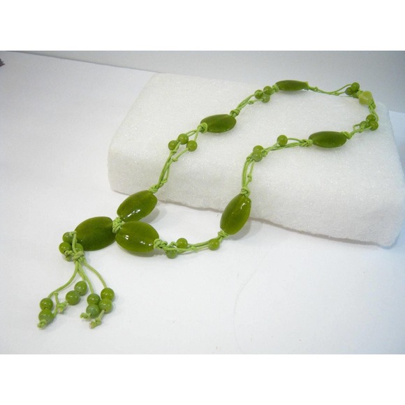 Agate and Glass Beaded Hand-Corded long Tassel Style Drop Necklace 24 inch - Picture 3 of 4